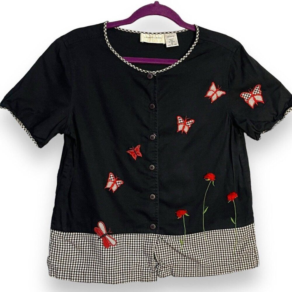 Lemon Grass Button Up Shirt Womens Small Black Mixed Media Butterfly Embroidered
